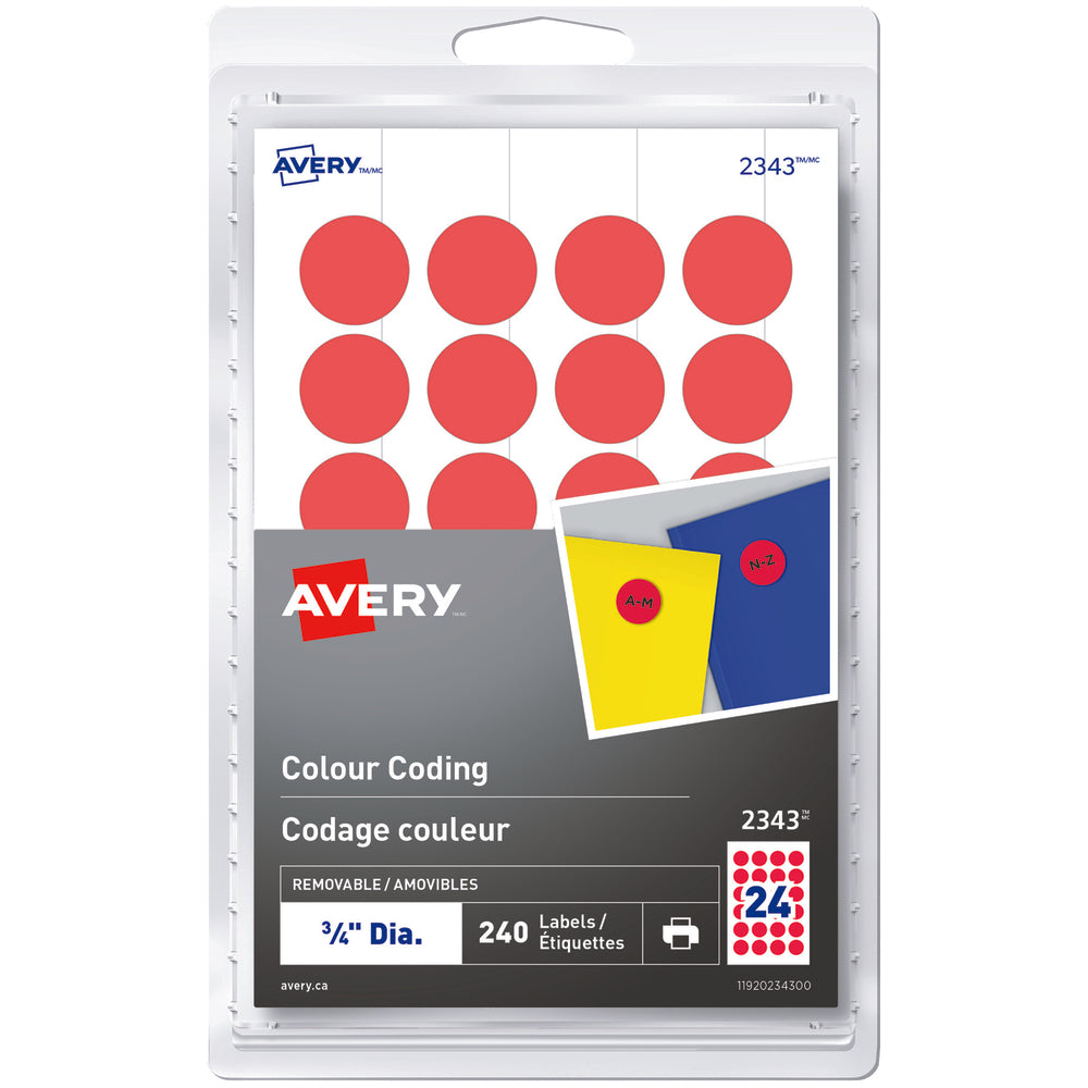 Avery Print or Write Removable Colour-Coding Labels, 3/4" Round, Red, 240 Pack (2343)