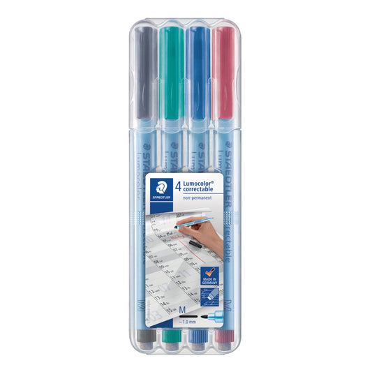 Marqueurs effaçables à sec Staedtler Lumocolor correcteurs – Pointe moyenne – Couleurs assorties – Lot de 4
