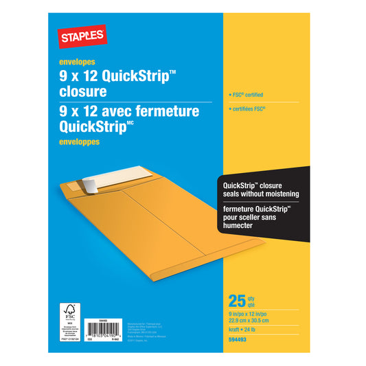 Staples QuickStrip Kraft Catalogue Envelopes - 9" x 12" - 25 Pack