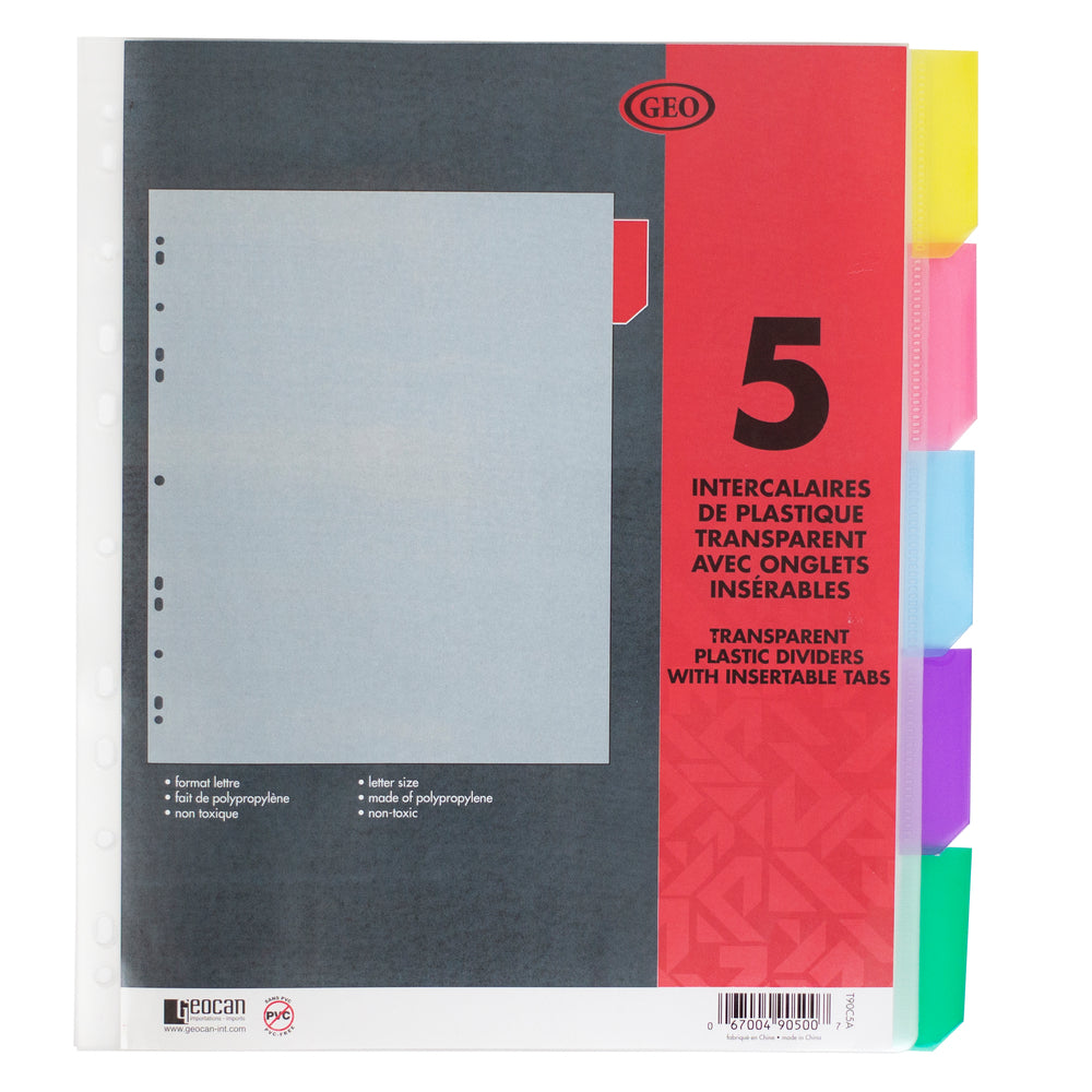 Geocan Transparent Plastic Dividers - 8.5" W x 11" L - 5 Colored Tabs