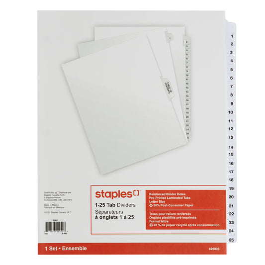 Intercalaires préimprimés Staples 1-25 - 25 onglets - Blanc