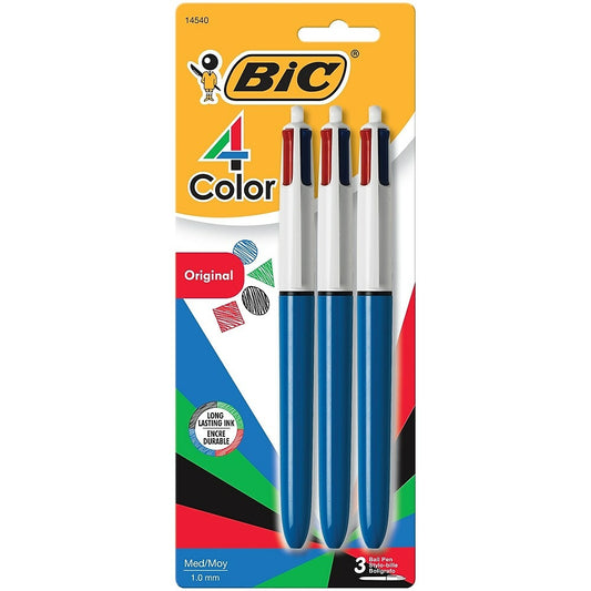 BIC 4-Colour Ballpoint Pens - Retractable - 1.0mm - 3 Pack