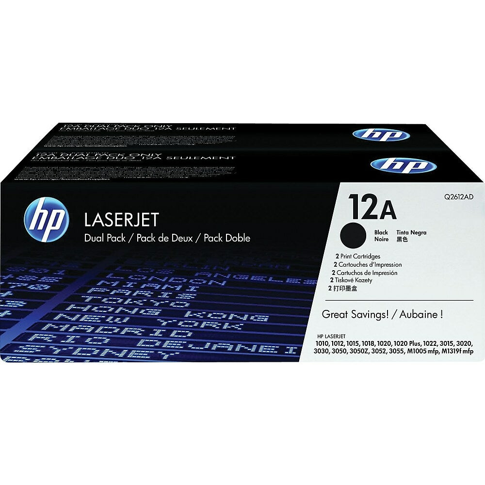 Cartouches de toner noir HP 12A (Q2612D) LaserJet d'origine, lot de 2