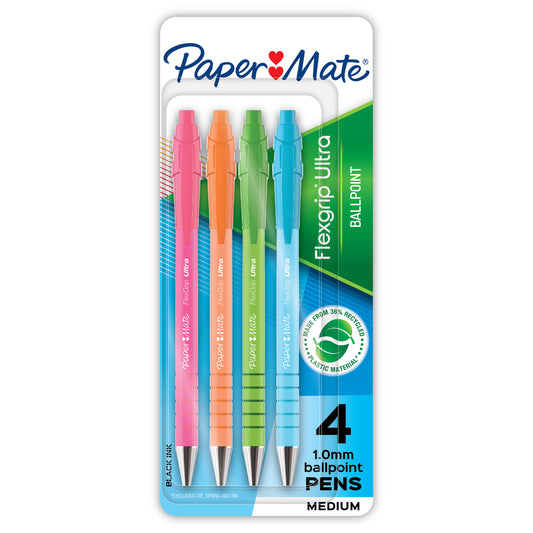 Paper Mate FlexGrip Ultra Ballpoint Pens - Assorted Barrel Colours - 4 Pack