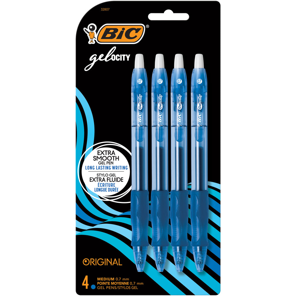 Stylos gel BIC Gelocity - Rétractables - 0,7 mm - Bleu - Lot de 4