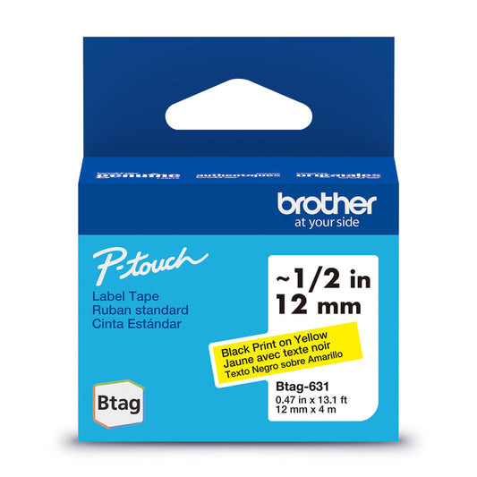 Brother Genuine BTAG631 Label Tape for P-touch Label Makers - Black on Yellow - 12 mm W x 4 m L
