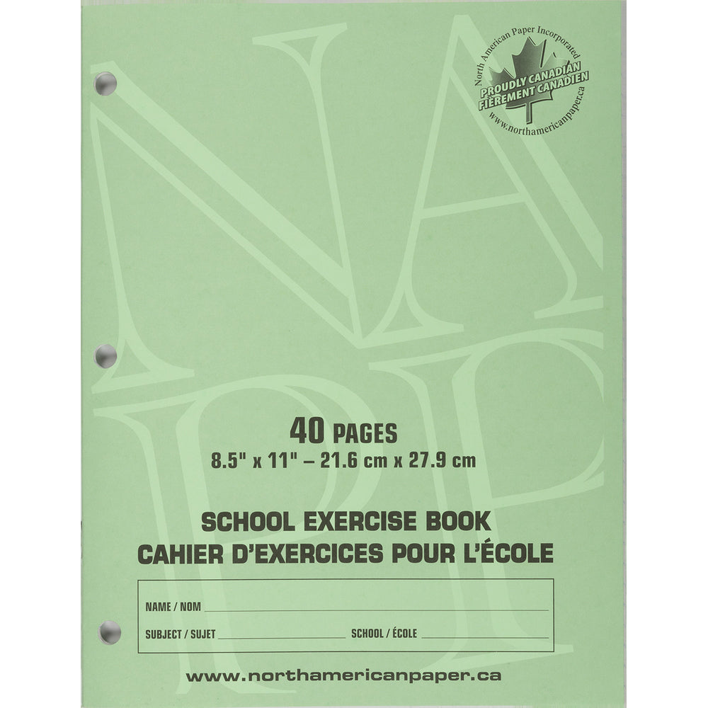 Cahiers d'exercices North American Paper Inc. - 8,5" x 11" - Ligné 5/16" - Perforé 3 trous - 40 pages - Paquet de 25
