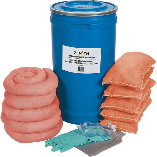 Kits de déversement Zenith Safety 16 gallons, matières dangereuses, avec seau en polyéthylène
