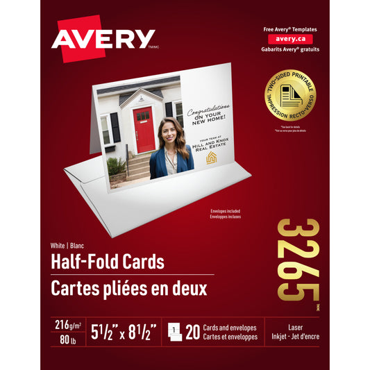 Cartes de vœux Avery InkJet pliées en deux, blanches, 13,5 x 21,5 cm, paquet de 20 (03265)