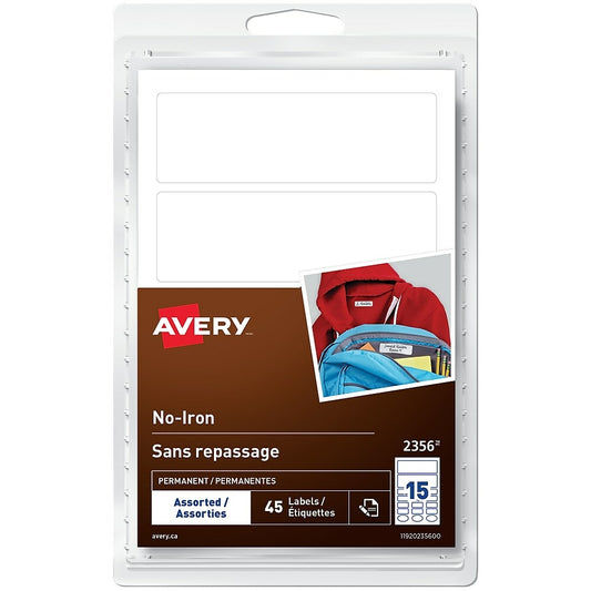 Avery No-Iron Writeable Permanent Clothing Labels, White, Assorted Shapes, 45 Pack (2356)