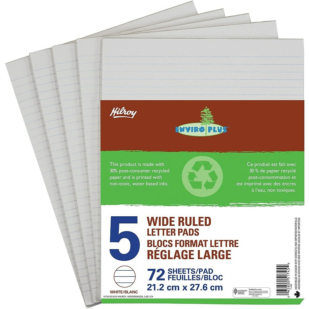 Blocs de calcul Hilroy Enviro Plus, 8-3/8" x 10-7/8", larges lignes, blancs, 72 feuilles, paquet de 5