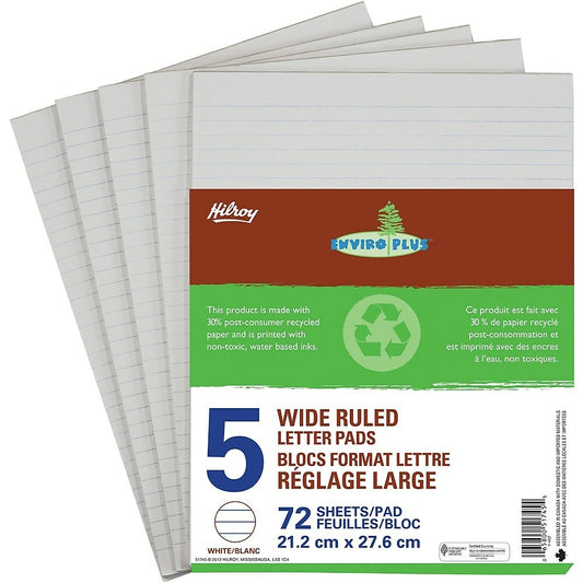 Blocs de calcul Hilroy Enviro Plus, 8-3/8" x 10-7/8", larges lignes, blancs, 72 feuilles, paquet de 5
