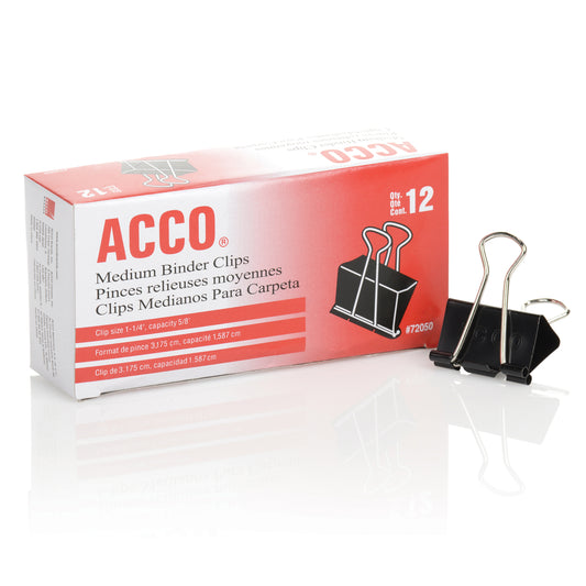 Pinces à reliure repliables ACCO – Moyennes (1-1/4 po) – Capacité 5/8 po – Noires – Paquet de 12