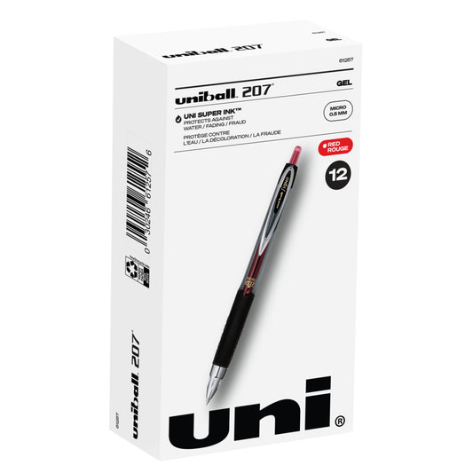Stylos gel rétractables Uniball 207 - 0,5 mm - Encre rouge - Lot de 12