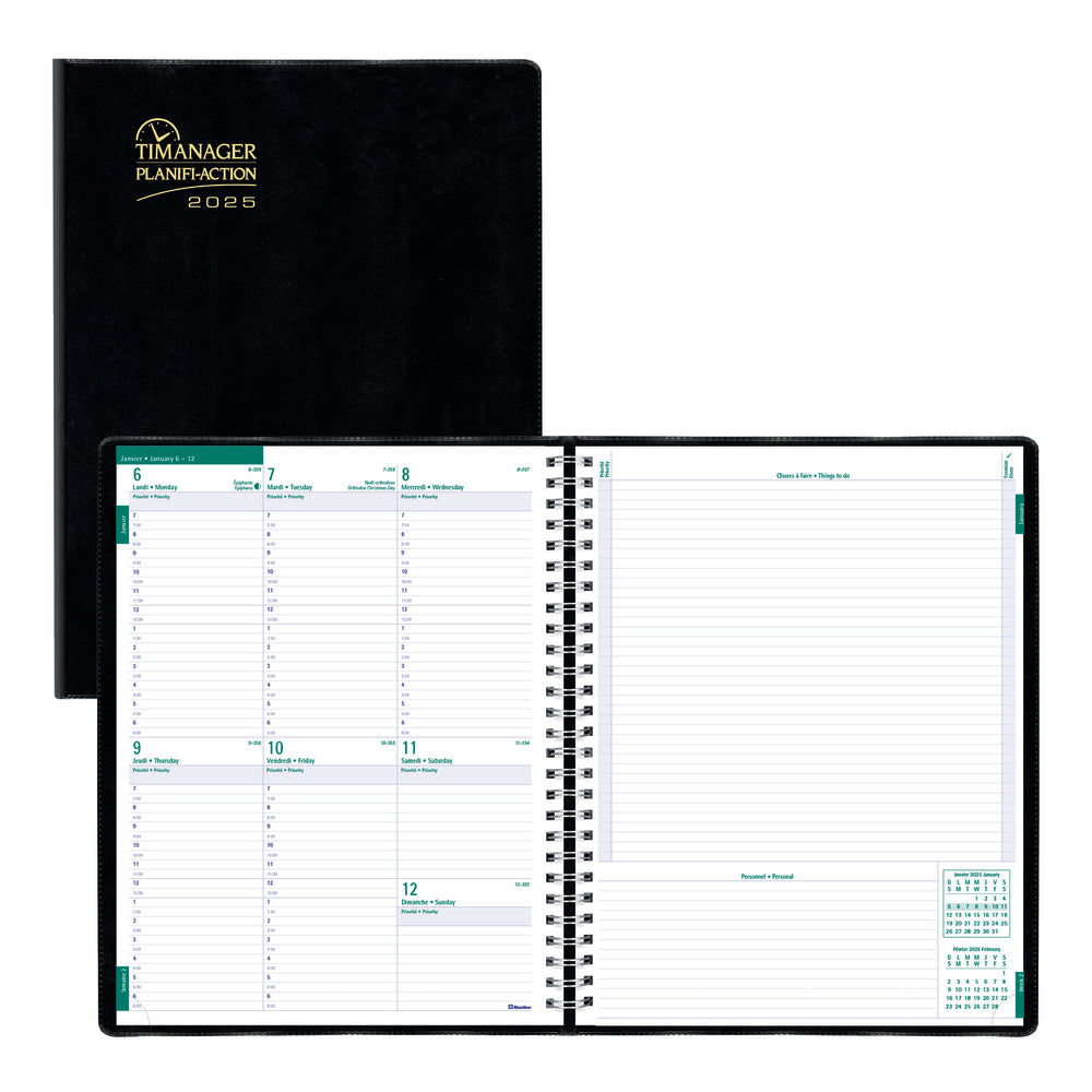 Agenda hebdomadaire/mensuel Blueline 2025 Timanager 13 mois - 11" x 8-1/2" - Noir - Bilingue