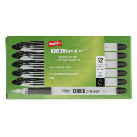 Stylos à bille Staples Icebreaker - 1,0 mm - Noir - Lot de 12