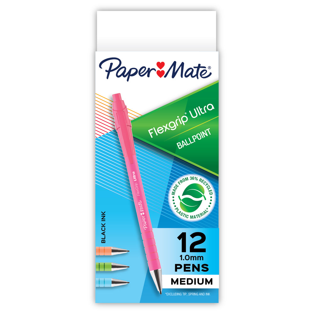 Paper Mate FlexGrip Ultra Ballpoint Pens - Assorted Barrel Colours - 12 Pack