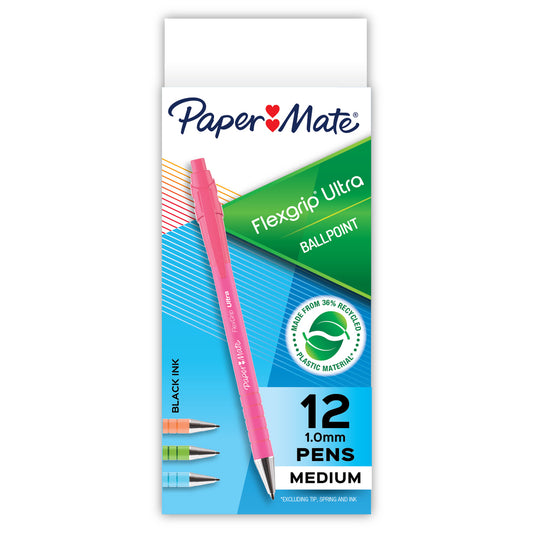 Paper Mate FlexGrip Ultra Ballpoint Pens - Assorted Barrel Colours - 12 Pack