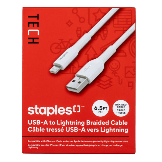 Staples TECH Lightning to USB-A Charging Cable - 6.6 ft. - White