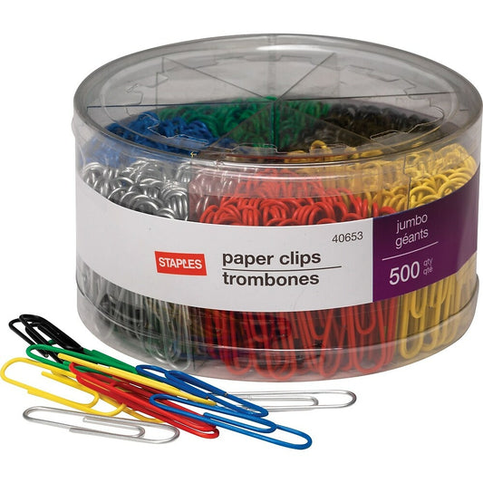 Trombones géants en vinyle Staples - Couleurs assorties - Paquet de 500
