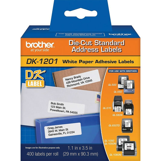 Étiquettes d'adresse standard découpées Brother DK1201, 1-1/7" x 3-1/2", 400 étiquettes