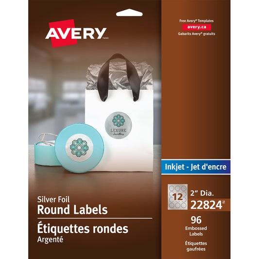 Étiquettes rondes argentées en relief pour imprimante jet d'encre Avery, permanentes, 5 cm de diamètre, paquet de 96 (22824)