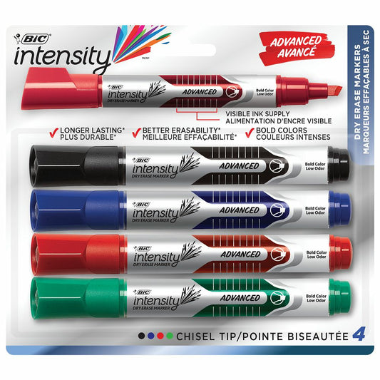 BIC Intensity Advanced Dry Erase Marker - Chisel Tip - Tank Style - Assorted Vivid Colours - 4 Pack