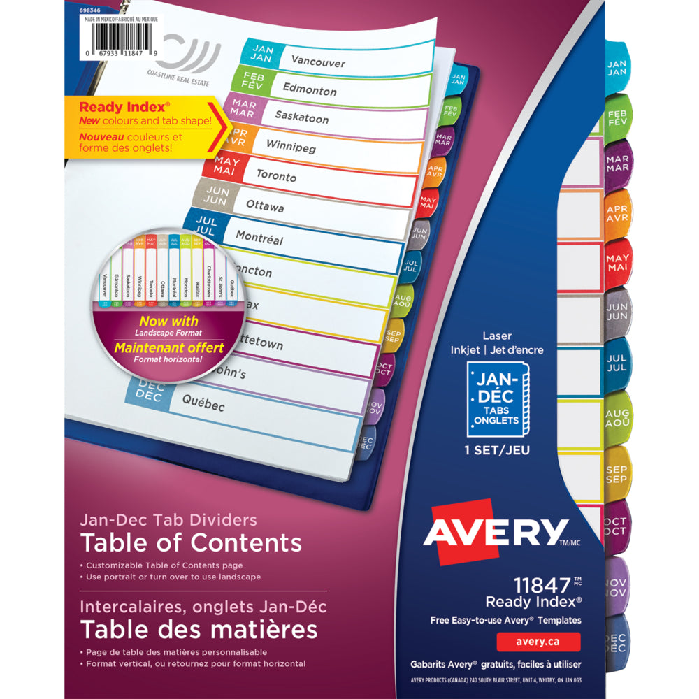 Intercalaires contemporains Avery Ready Index, multicolores, format lettre, janvier à décembre (bilingues)