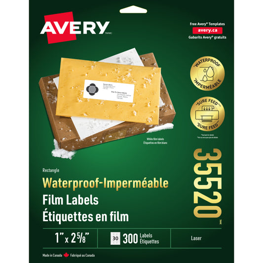 Avery Rectangle Waterproof Film Labels - 1" x 2-5/8" - White - 300 Labels