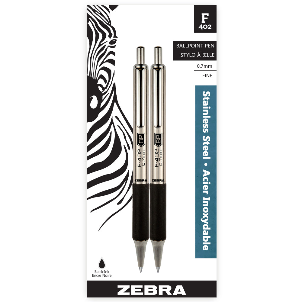 Zebra F-402 Ballpoint Pen, Retractable, 0.7mm, Black, 2 Pack