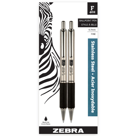 Zebra F-402 Ballpoint Pen, Retractable, 0.7mm, Black, 2 Pack