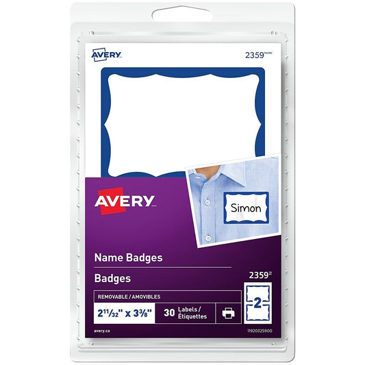 Avery Removable Name Badge Labels with Blue Border, 2-11/32" x 3-3/8", 30 Pack (2359)