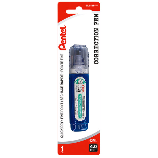 Stylo correcteur Pentel à pointe fine - Pointe métallique - 12 ml - Sur carton - Blanc