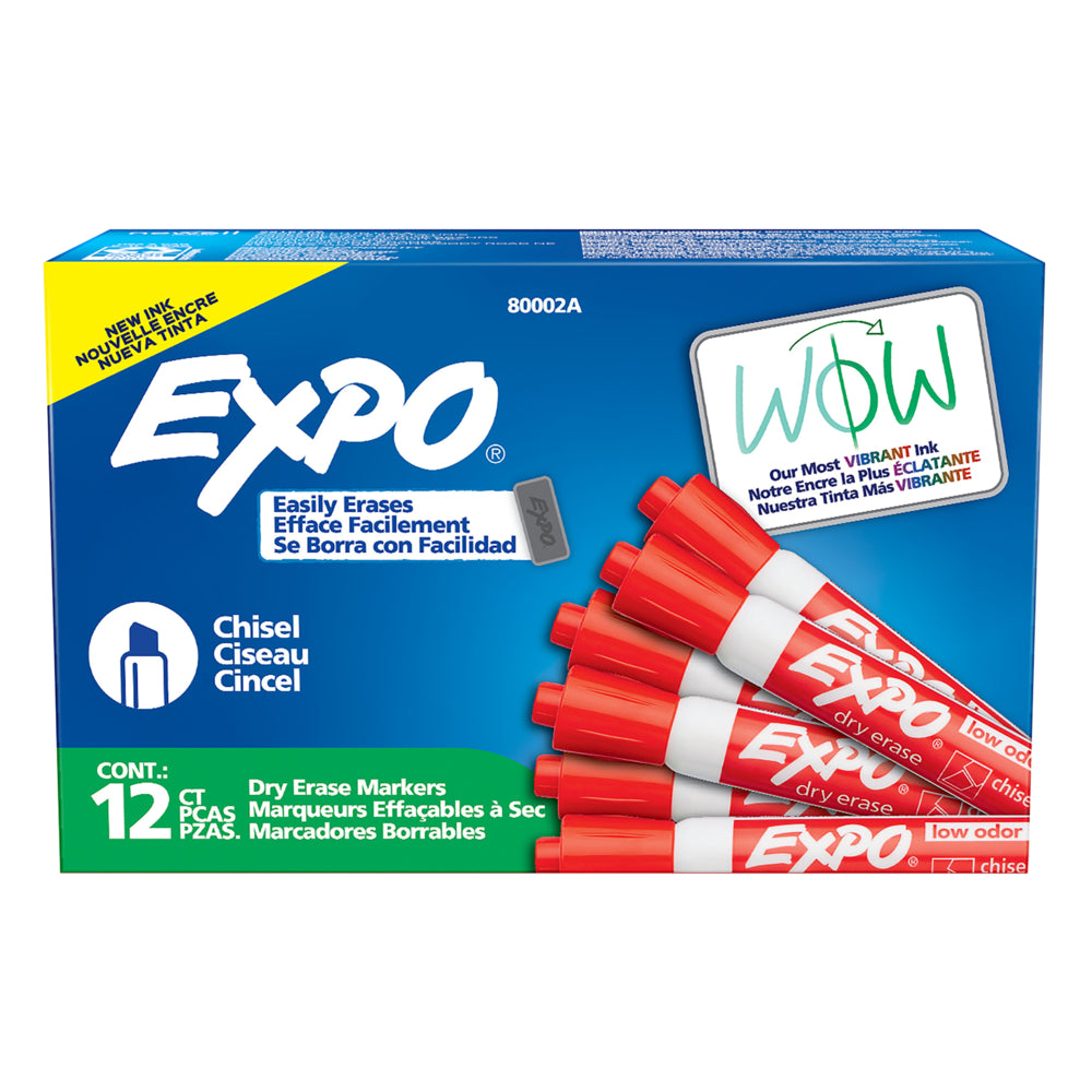 Marqueurs effaçables à sec EXPO à faible odeur – Pointe biseautée – Rouge – Paquet de 12