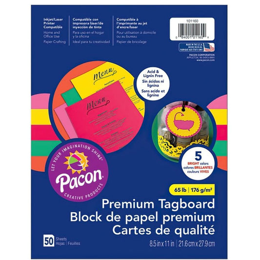 Carton d'étiquettes Pacon Premium, 5 couleurs vives assorties, 8-1/2" x 11", 50 feuilles