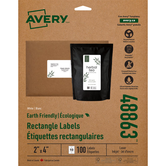 Étiquettes d'expédition Avery EcoFriendly blanches pour imprimantes laser/jet d'encre, 5,1 x 10,2 cm, paquet de 100