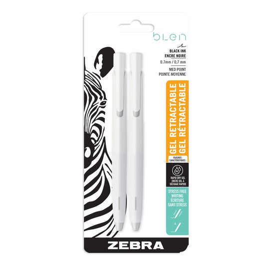 Stylos gel rétractables Zebra bLen - Encre noire - Corps blanc - Lot de 2