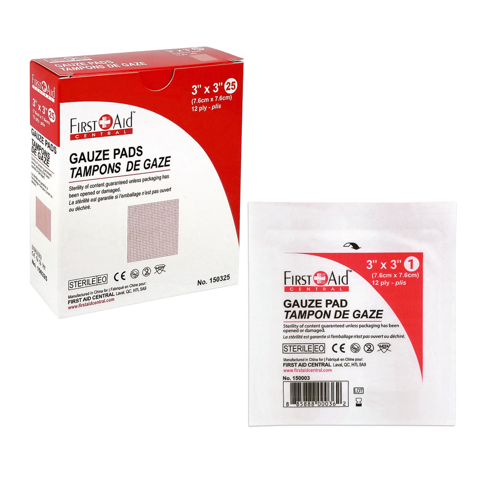 Tampons stériles de premiers secours - 7,6 cm x 7,6 cm - Paquet de 25