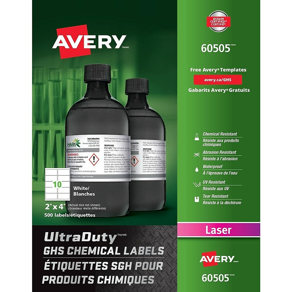 Avery UltraDuty White GHS Chemical Labels, 2" x 4", 500 Pack, (60505)
