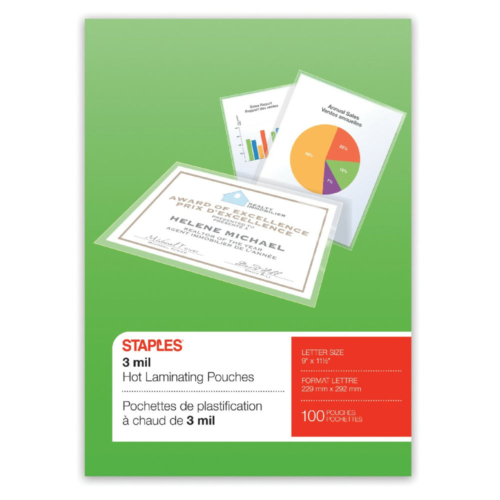Staples - Pochettes de plastification HeatSeal, format lettre, 3 mil, paq./100