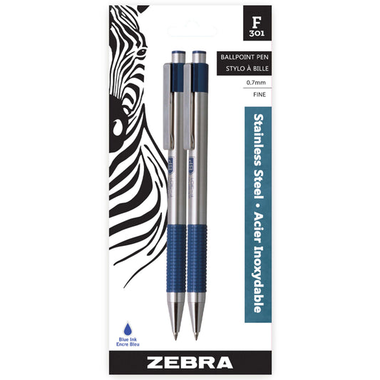 Zebra F-301 Retractable Ballpoint Pen, Fine Tip, Blue, 2 Pack