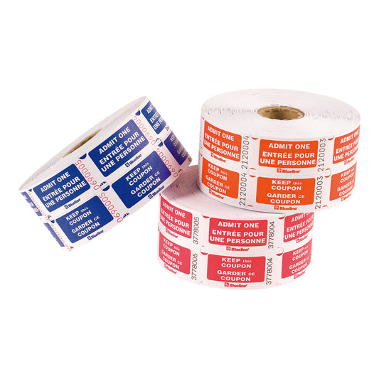 Blueline Admit One Tickets with Coupon - 4 3/8" x 4 3/8" - Assorted Colours - 1000 Tickets - Bilingual
