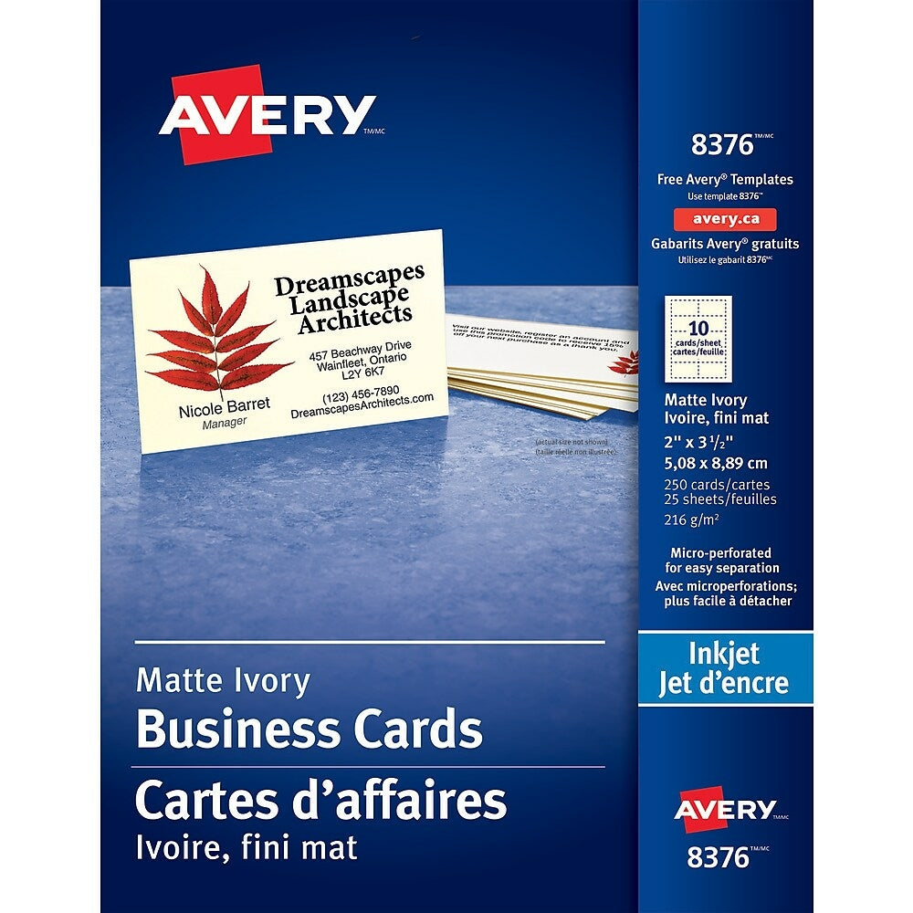 Avery Perforated Inkjet Business Cards, 3-1/2" x 2", Ivory, 250 Pack, (08376)