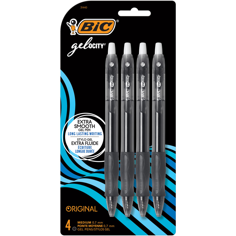 Stylos gel BIC Gelocity - Rétractables - 0,7 mm - Noir - Lot de 4