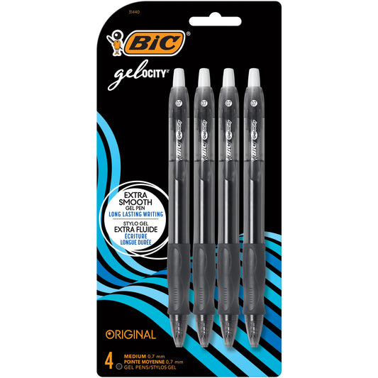 BIC Gelocity Gel Pens - Retractable - 0.7 mm - Black -  4 Pack