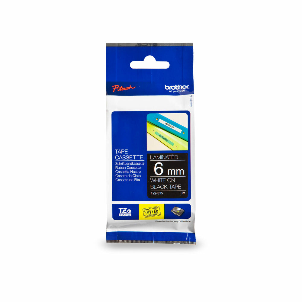 Ruban laminé Brother P-Touch - 6 mm - Blanc sur noir