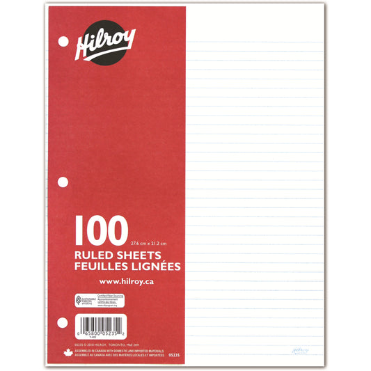 Feuilles mobiles lignées perforées à 3 trous Hilroy - 16 lb - 8-1/2" x 11" - 100 feuilles