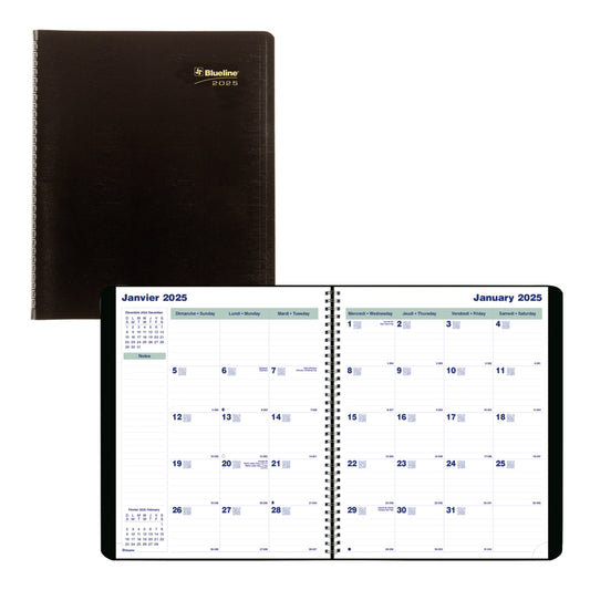 Blueline 2024-2025 Monthly Planner - 11" x 9-1/16" - Black - Bilingual