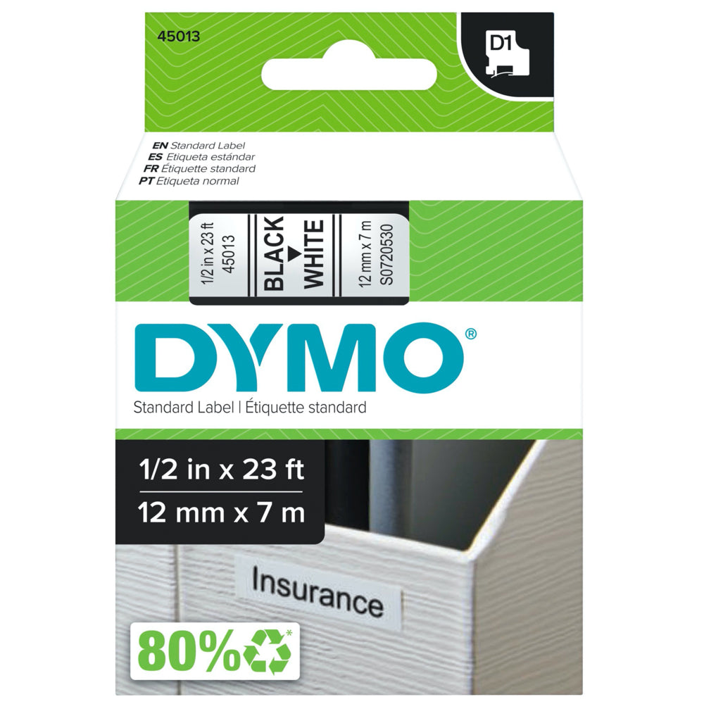 DYMO D1 Label Maker Tape - 12mm (1/2") - Black Print on White Label