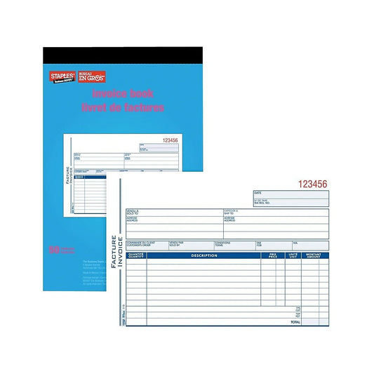 Staples Bilingual Invoice Book - 50 Triplicates - Carbonless - Staple Bound - 6" x 8"